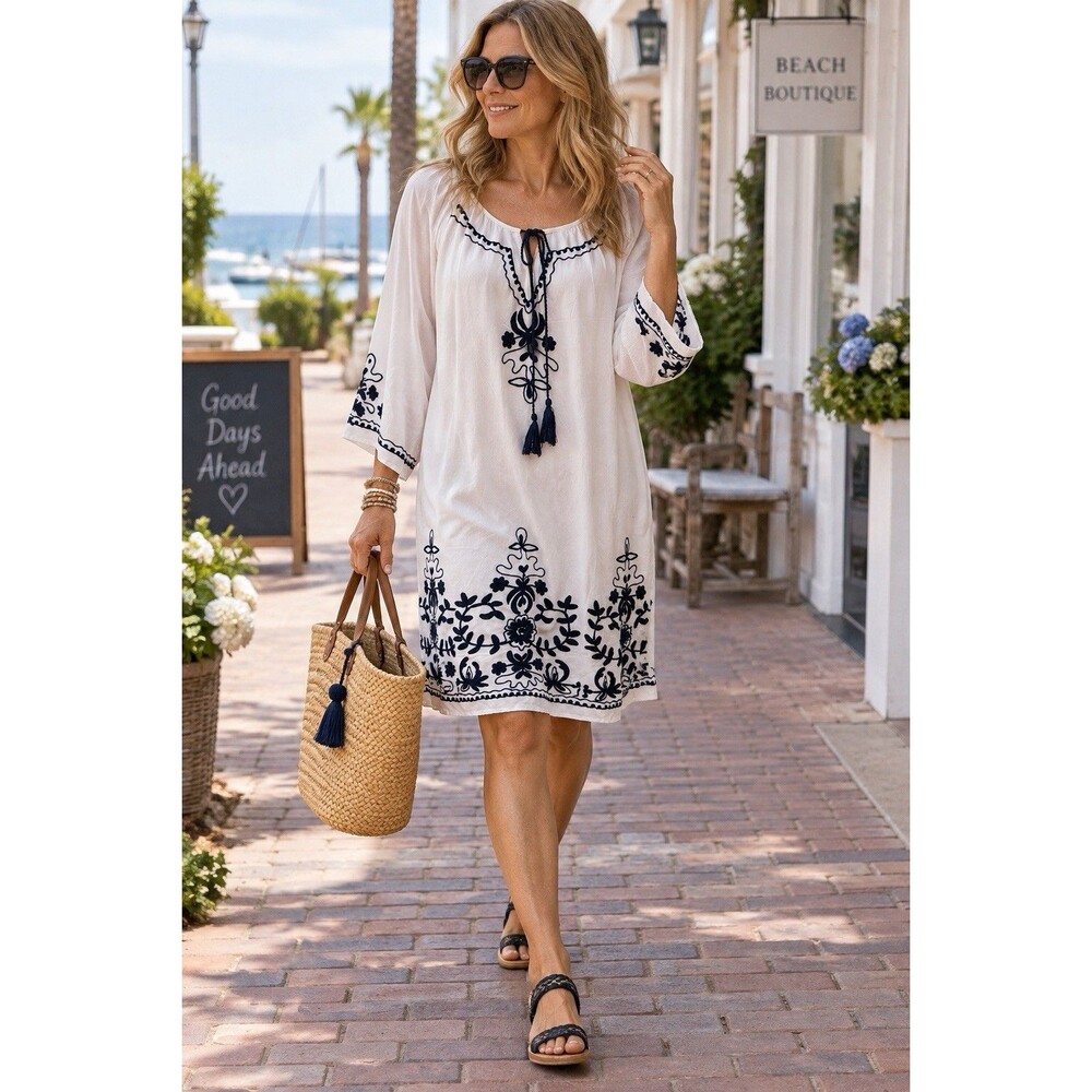 White Boho Peasant Tunic Dress Navy Embroidered M Cotton Blend Chic Connection